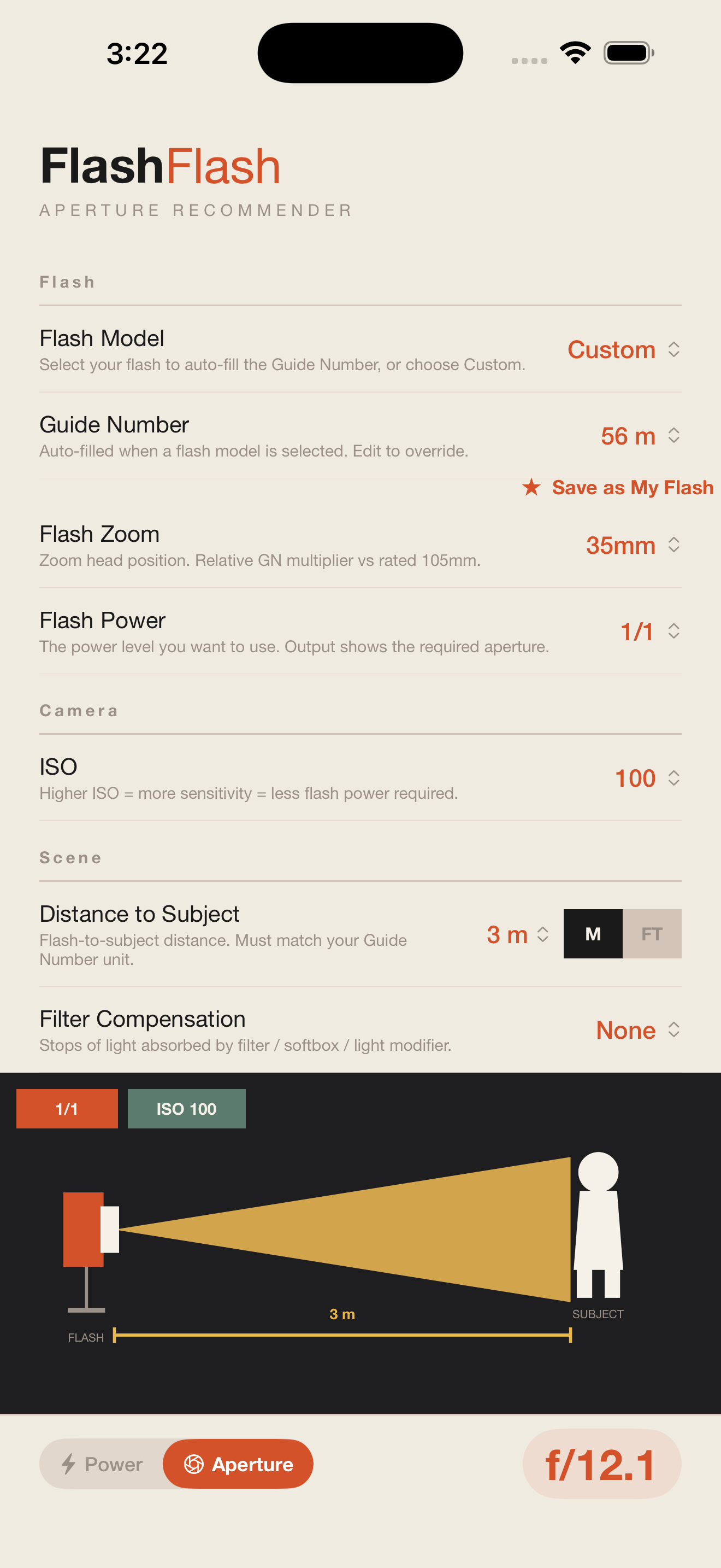 FlashFlash iOS aperture recommender screen