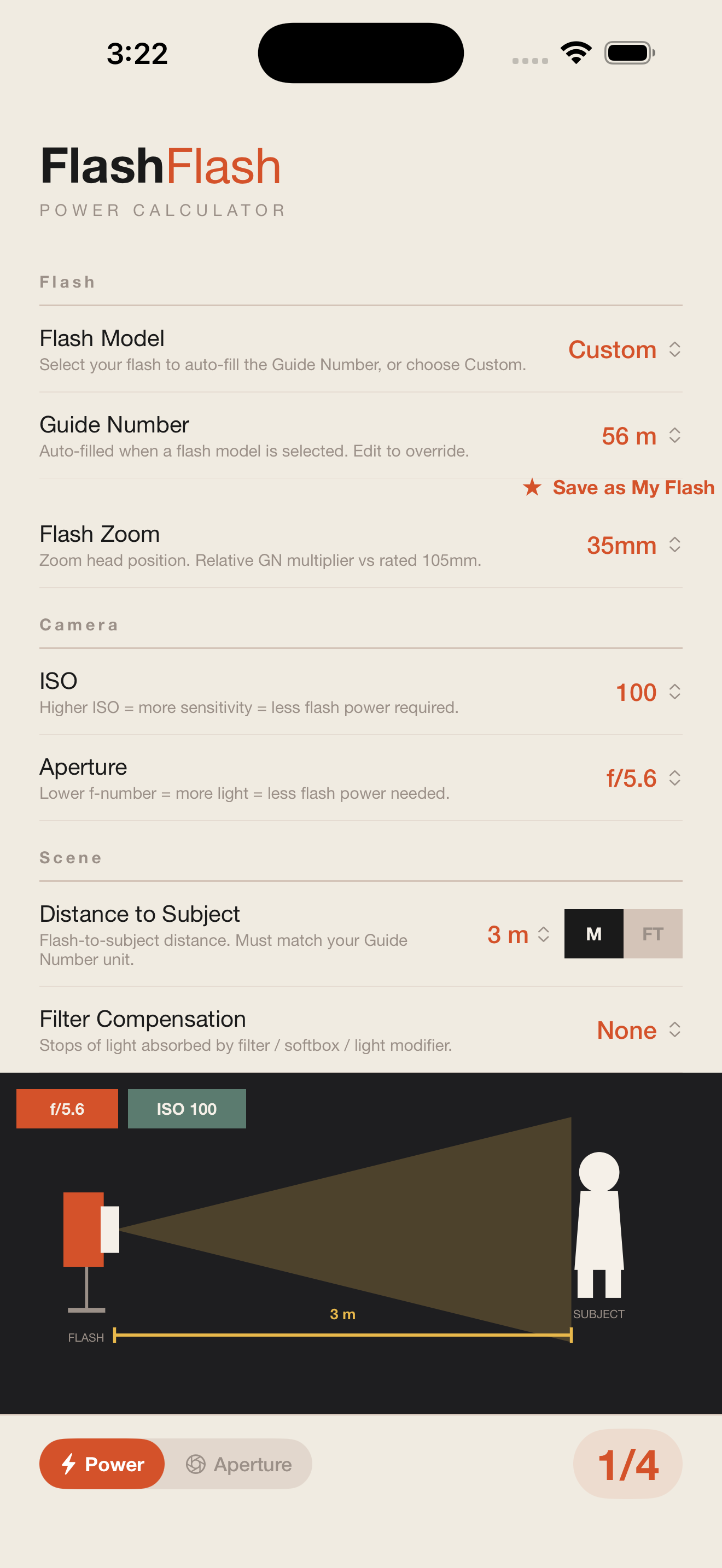 FlashFlash iOS power calculator screen